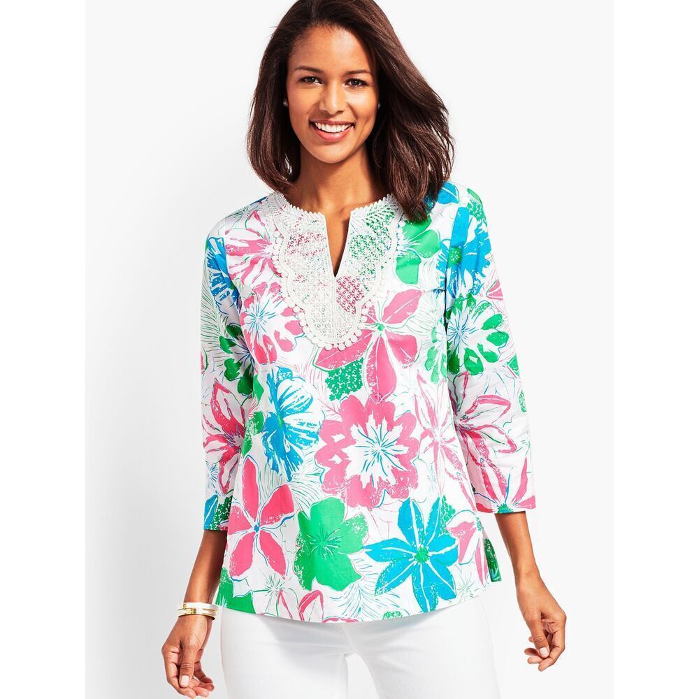 Talbots Women's Pink Anguilla Floral Print Lace Bib Tunic Top Size Medium